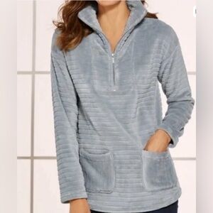SOFT‎ SURROUNDINGS Frost Plush Ribbed Tunic Half Zip Blue 1X Plush Cozy